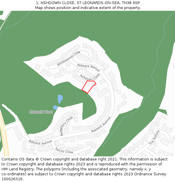 1, ASHDOWN CLOSE, ST LEONARDS-ON-SEA, TN38 9SP: Location map and indicative extent of plot