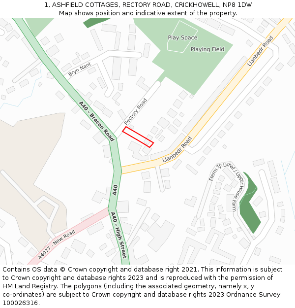 1, ASHFIELD COTTAGES, RECTORY ROAD, CRICKHOWELL, NP8 1DW: Location map and indicative extent of plot