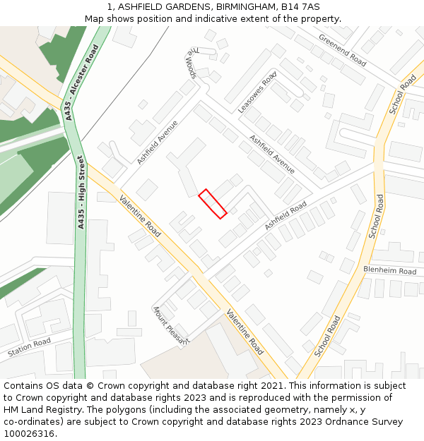 1, ASHFIELD GARDENS, BIRMINGHAM, B14 7AS: Location map and indicative extent of plot