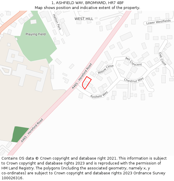 1, ASHFIELD WAY, BROMYARD, HR7 4BF: Location map and indicative extent of plot