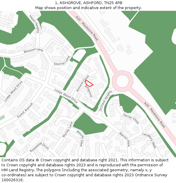 1, ASHGROVE, ASHFORD, TN25 4PB: Location map and indicative extent of plot