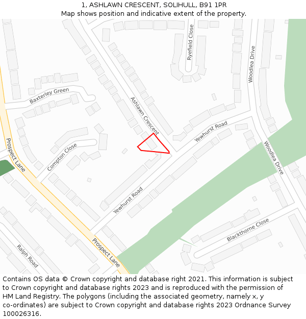 1, ASHLAWN CRESCENT, SOLIHULL, B91 1PR: Location map and indicative extent of plot