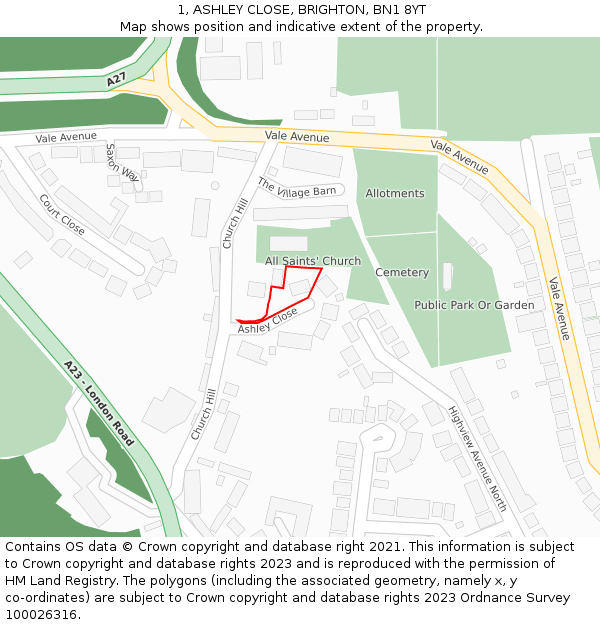 1, ASHLEY CLOSE, BRIGHTON, BN1 8YT: Location map and indicative extent of plot