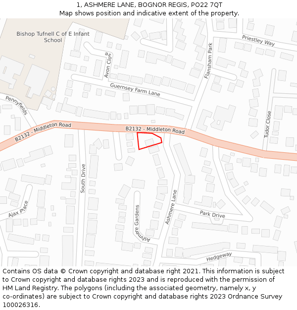 1, ASHMERE LANE, BOGNOR REGIS, PO22 7QT: Location map and indicative extent of plot