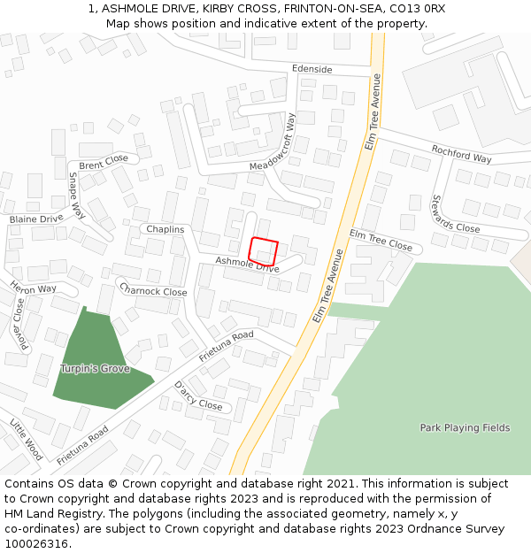 1, ASHMOLE DRIVE, KIRBY CROSS, FRINTON-ON-SEA, CO13 0RX: Location map and indicative extent of plot