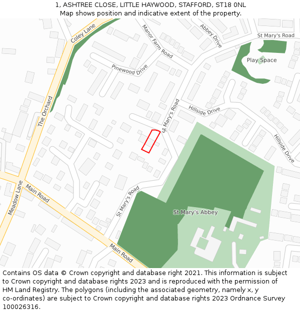 1, ASHTREE CLOSE, LITTLE HAYWOOD, STAFFORD, ST18 0NL: Location map and indicative extent of plot