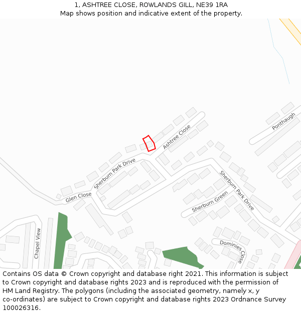 1, ASHTREE CLOSE, ROWLANDS GILL, NE39 1RA: Location map and indicative extent of plot