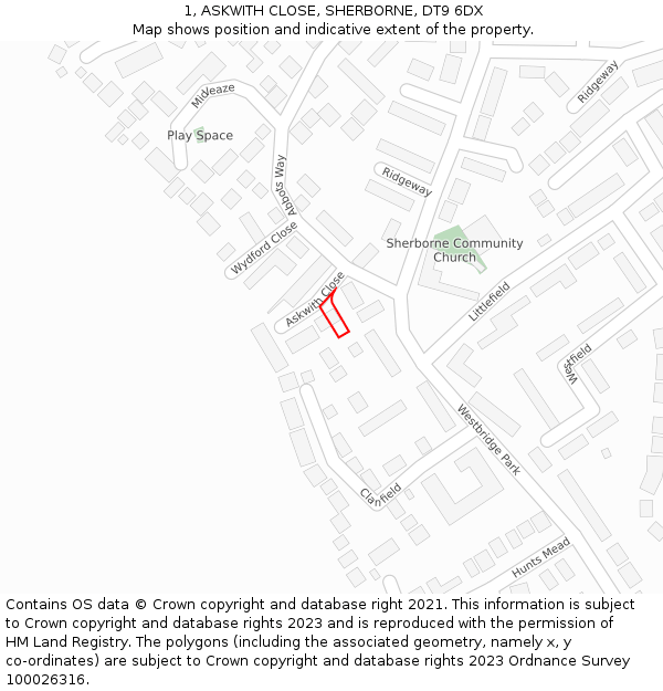 1, ASKWITH CLOSE, SHERBORNE, DT9 6DX: Location map and indicative extent of plot