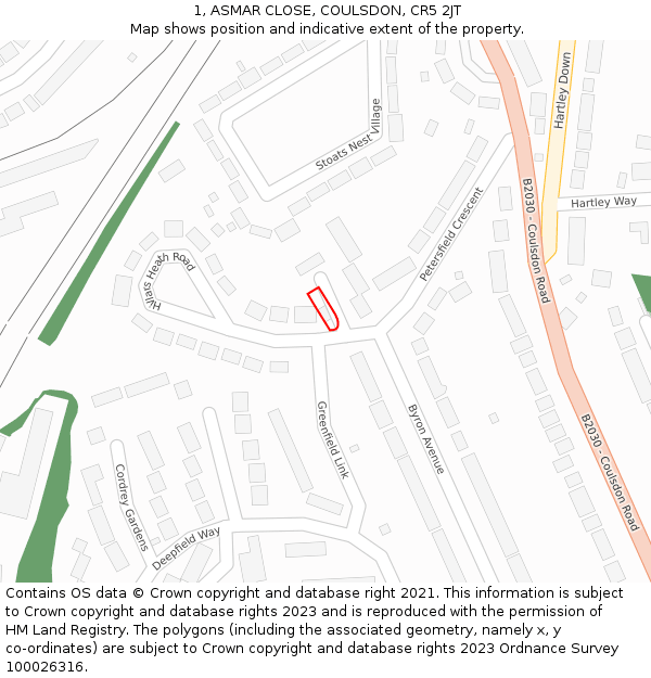 1, ASMAR CLOSE, COULSDON, CR5 2JT: Location map and indicative extent of plot