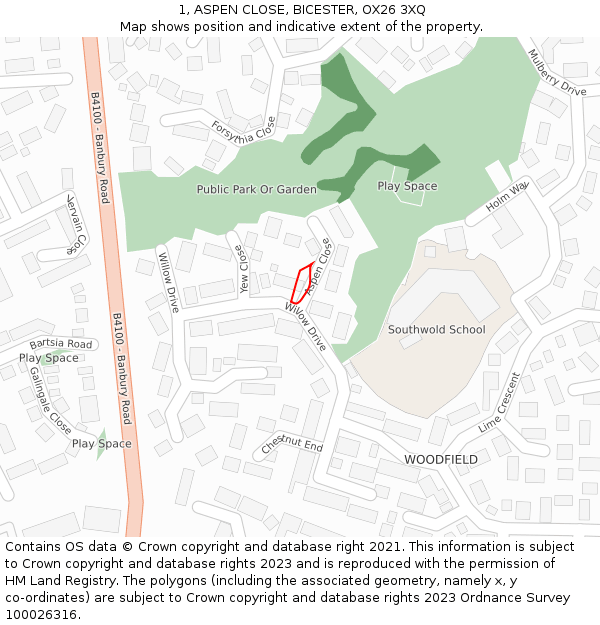 1, ASPEN CLOSE, BICESTER, OX26 3XQ: Location map and indicative extent of plot