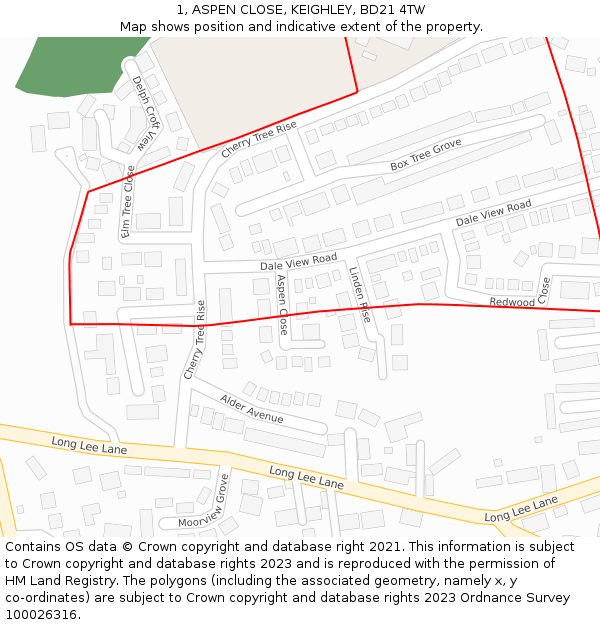 1, ASPEN CLOSE, KEIGHLEY, BD21 4TW: Location map and indicative extent of plot