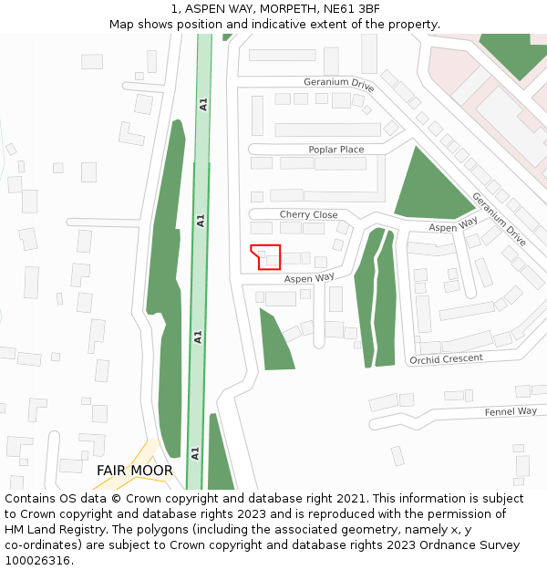 1, ASPEN WAY, MORPETH, NE61 3BF: Location map and indicative extent of plot