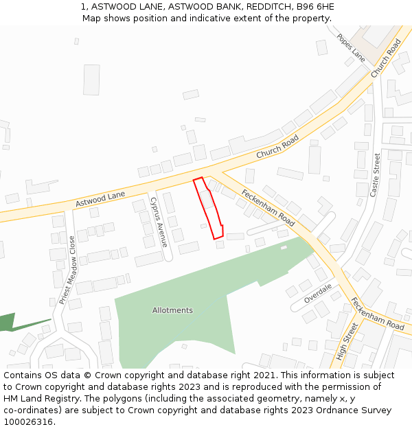 1, ASTWOOD LANE, ASTWOOD BANK, REDDITCH, B96 6HE: Location map and indicative extent of plot