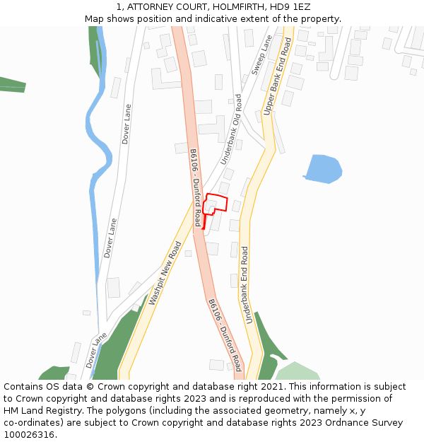 1, ATTORNEY COURT, HOLMFIRTH, HD9 1EZ: Location map and indicative extent of plot