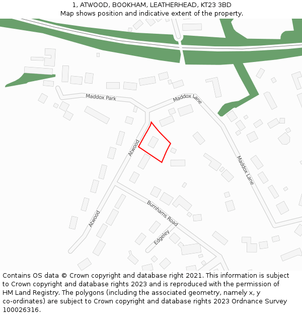 1, ATWOOD, BOOKHAM, LEATHERHEAD, KT23 3BD: Location map and indicative extent of plot