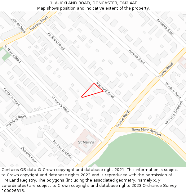 1, AUCKLAND ROAD, DONCASTER, DN2 4AF: Location map and indicative extent of plot