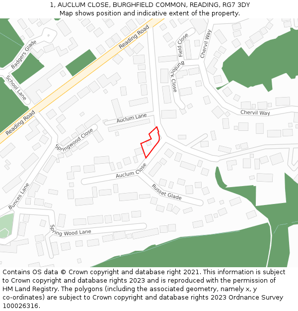 1, AUCLUM CLOSE, BURGHFIELD COMMON, READING, RG7 3DY: Location map and indicative extent of plot