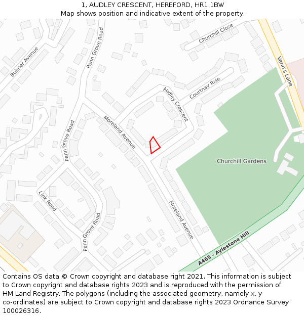1, AUDLEY CRESCENT, HEREFORD, HR1 1BW: Location map and indicative extent of plot