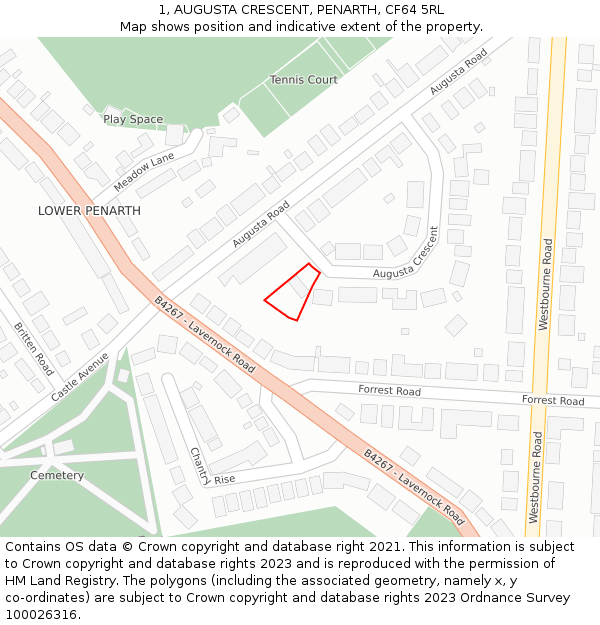 1, AUGUSTA CRESCENT, PENARTH, CF64 5RL: Location map and indicative extent of plot