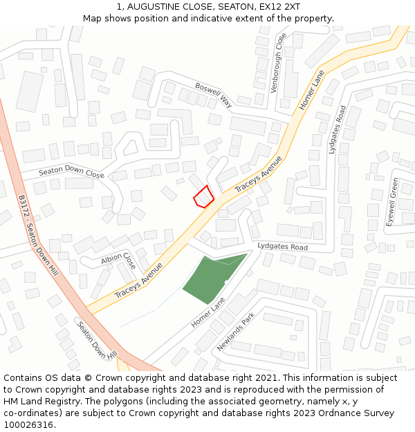 1, AUGUSTINE CLOSE, SEATON, EX12 2XT: Location map and indicative extent of plot