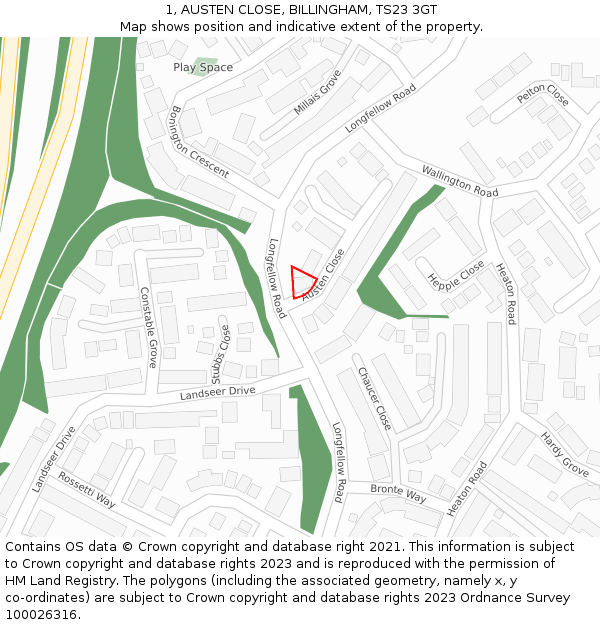 1, AUSTEN CLOSE, BILLINGHAM, TS23 3GT: Location map and indicative extent of plot