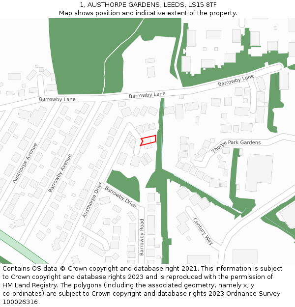 1, AUSTHORPE GARDENS, LEEDS, LS15 8TF: Location map and indicative extent of plot
