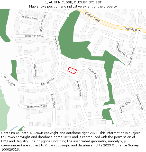 1, AUSTIN CLOSE, DUDLEY, DY1 2ST: Location map and indicative extent of plot