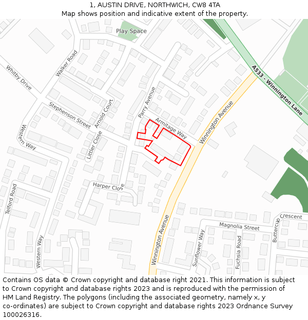 1, AUSTIN DRIVE, NORTHWICH, CW8 4TA: Location map and indicative extent of plot