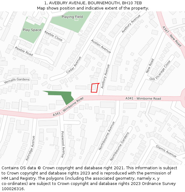 1, AVEBURY AVENUE, BOURNEMOUTH, BH10 7EB: Location map and indicative extent of plot