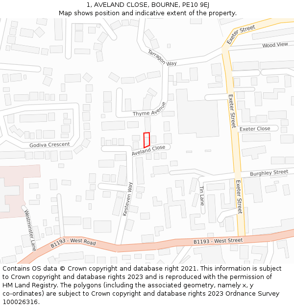 1, AVELAND CLOSE, BOURNE, PE10 9EJ: Location map and indicative extent of plot