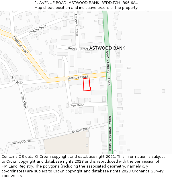 1, AVENUE ROAD, ASTWOOD BANK, REDDITCH, B96 6AU: Location map and indicative extent of plot