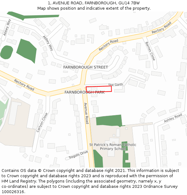 1, AVENUE ROAD, FARNBOROUGH, GU14 7BW: Location map and indicative extent of plot