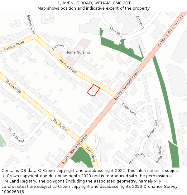 1, AVENUE ROAD, WITHAM, CM8 2DT: Location map and indicative extent of plot