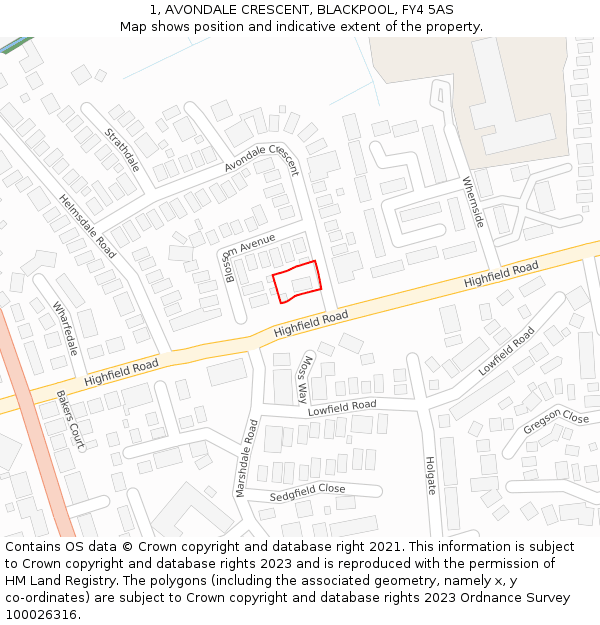 1, AVONDALE CRESCENT, BLACKPOOL, FY4 5AS: Location map and indicative extent of plot