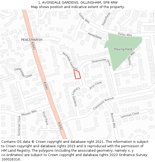 1, AVONDALE GARDENS, GILLINGHAM, SP8 4RW: Location map and indicative extent of plot