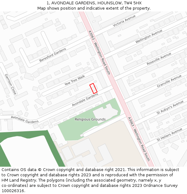 1, AVONDALE GARDENS, HOUNSLOW, TW4 5HX: Location map and indicative extent of plot