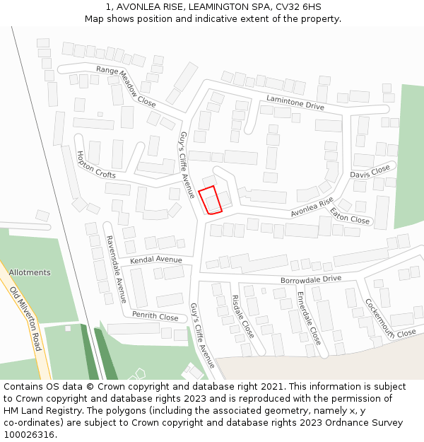 1, AVONLEA RISE, LEAMINGTON SPA, CV32 6HS: Location map and indicative extent of plot