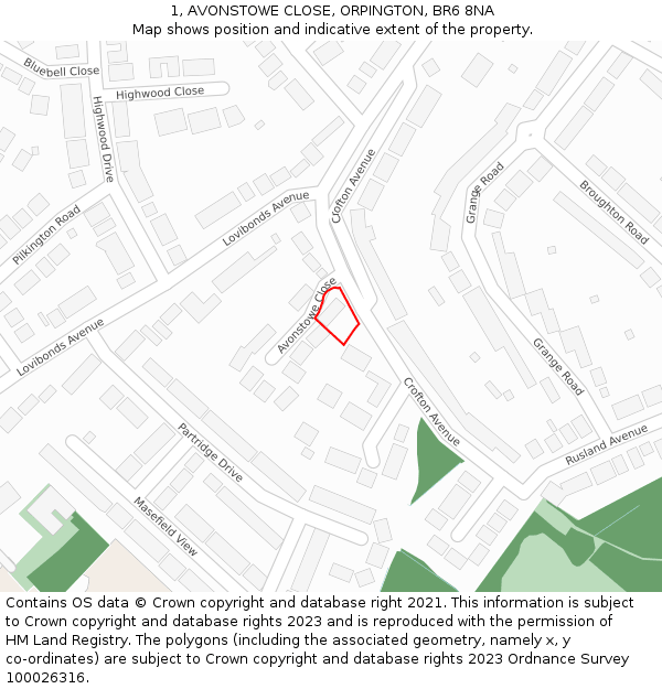 1, AVONSTOWE CLOSE, ORPINGTON, BR6 8NA: Location map and indicative extent of plot