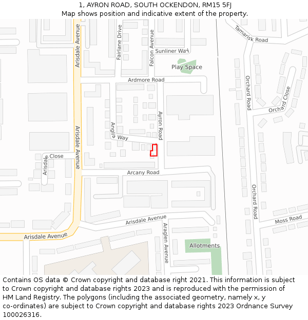 1, AYRON ROAD, SOUTH OCKENDON, RM15 5FJ: Location map and indicative extent of plot