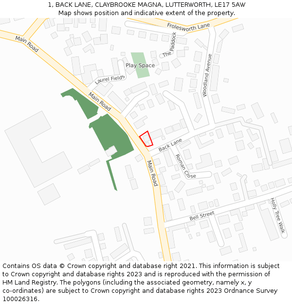 1, BACK LANE, CLAYBROOKE MAGNA, LUTTERWORTH, LE17 5AW: Location map and indicative extent of plot