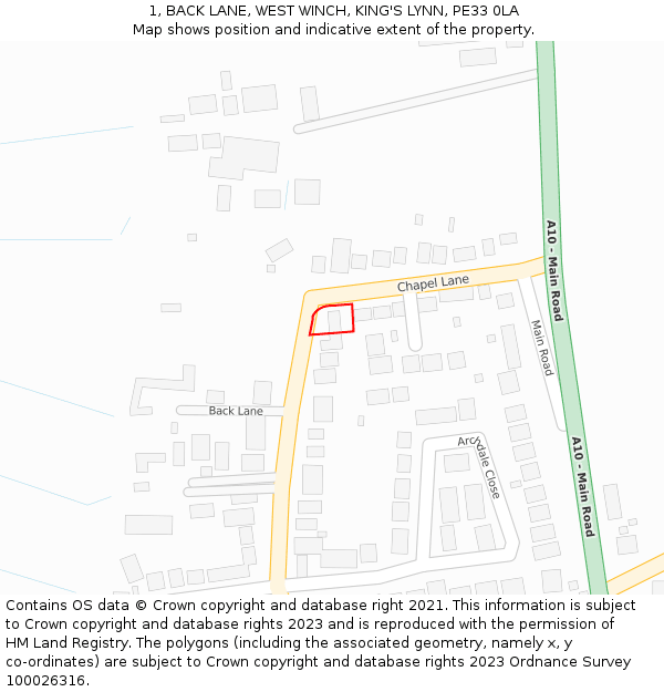 1, BACK LANE, WEST WINCH, KING'S LYNN, PE33 0LA: Location map and indicative extent of plot