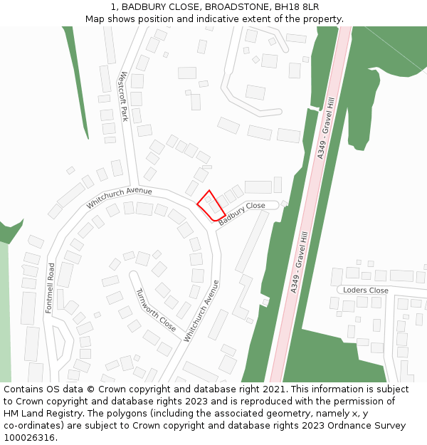 1, BADBURY CLOSE, BROADSTONE, BH18 8LR: Location map and indicative extent of plot