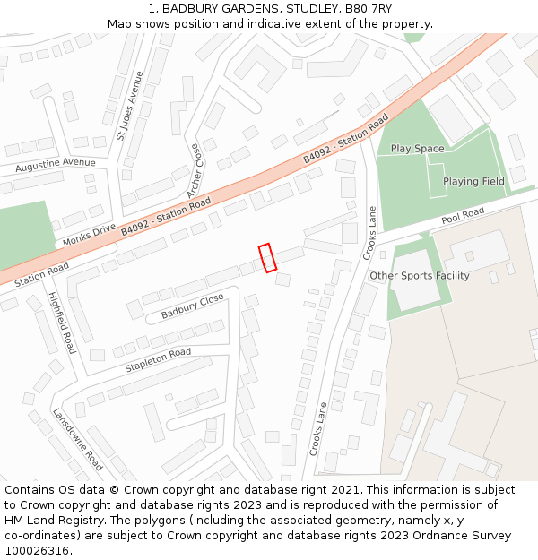 1, BADBURY GARDENS, STUDLEY, B80 7RY: Location map and indicative extent of plot