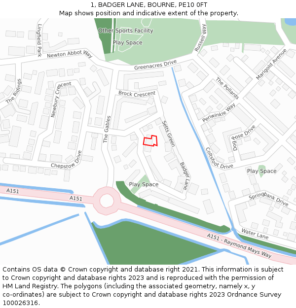 1, BADGER LANE, BOURNE, PE10 0FT: Location map and indicative extent of plot