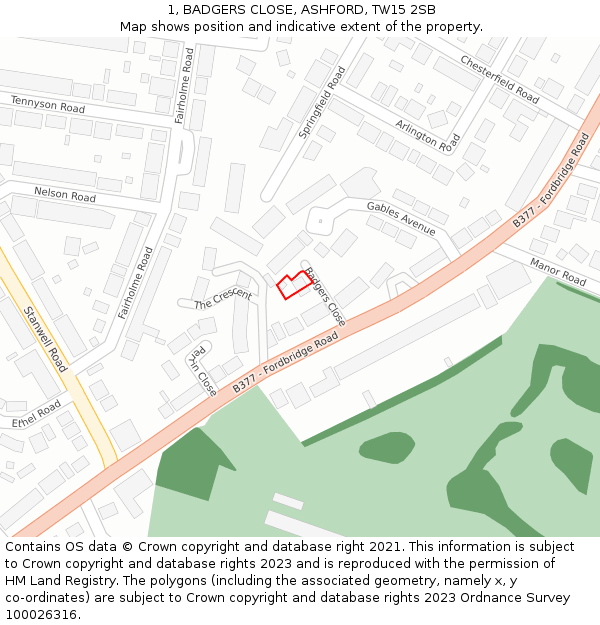 1, BADGERS CLOSE, ASHFORD, TW15 2SB: Location map and indicative extent of plot