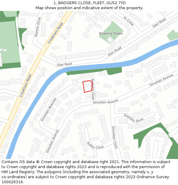 1, BADGERS CLOSE, FLEET, GU52 7YD: Location map and indicative extent of plot