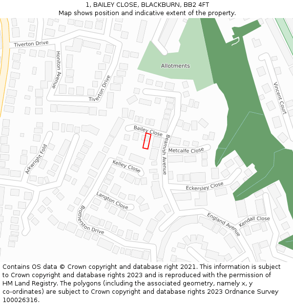 1, BAILEY CLOSE, BLACKBURN, BB2 4FT: Location map and indicative extent of plot