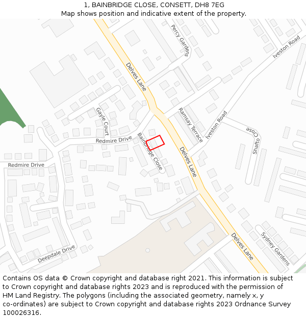 1, BAINBRIDGE CLOSE, CONSETT, DH8 7EG: Location map and indicative extent of plot