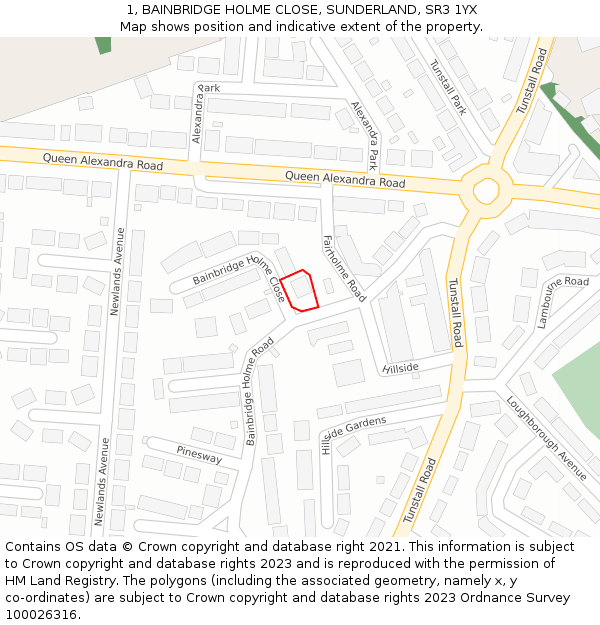 1, BAINBRIDGE HOLME CLOSE, SUNDERLAND, SR3 1YX: Location map and indicative extent of plot