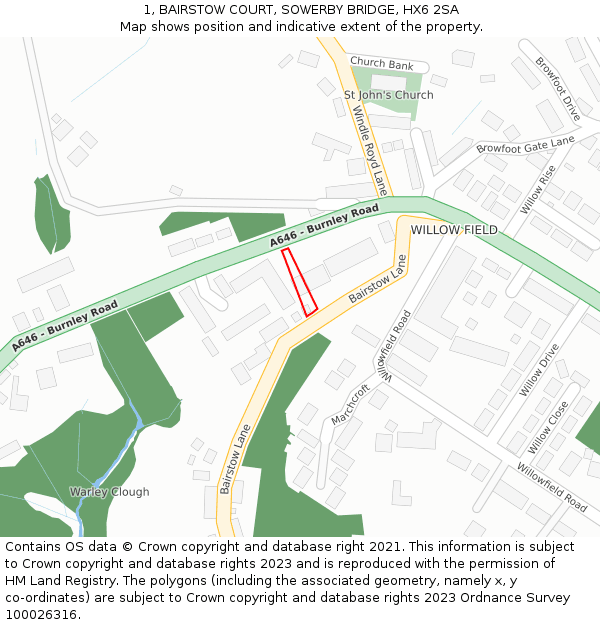 1, BAIRSTOW COURT, SOWERBY BRIDGE, HX6 2SA: Location map and indicative extent of plot